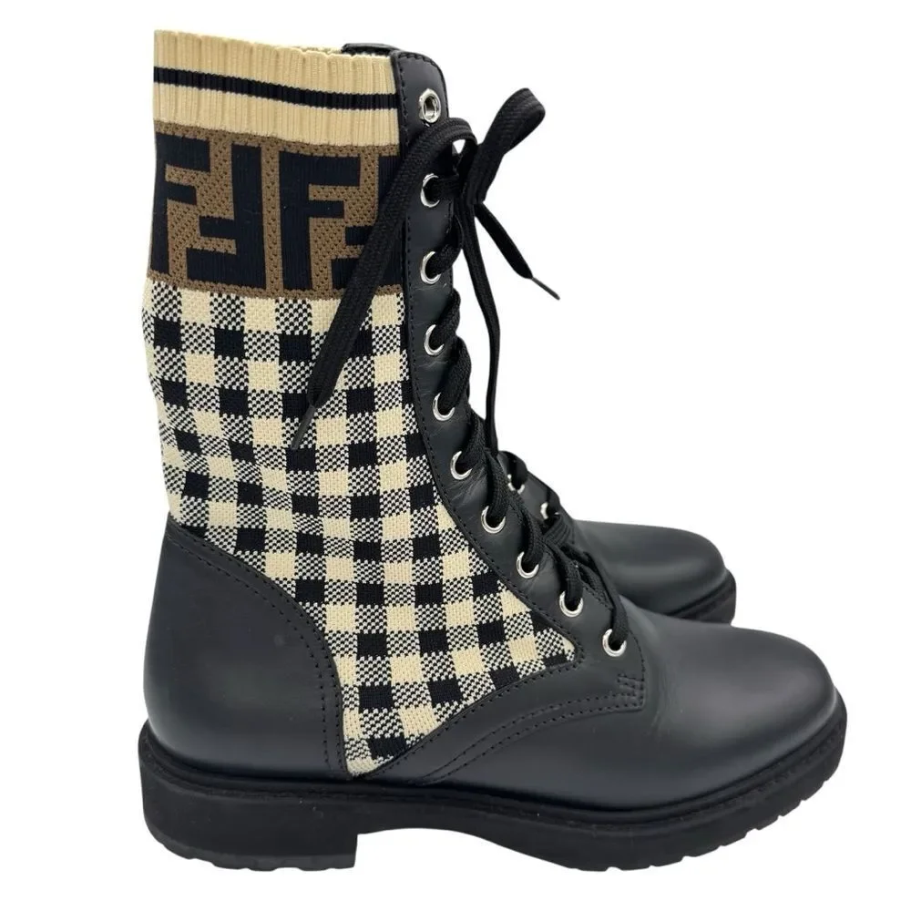Fendi Rockoko Knit Leather Logo Biker Vitello Combat Boots Size 8.5 - Picture 5 of 12